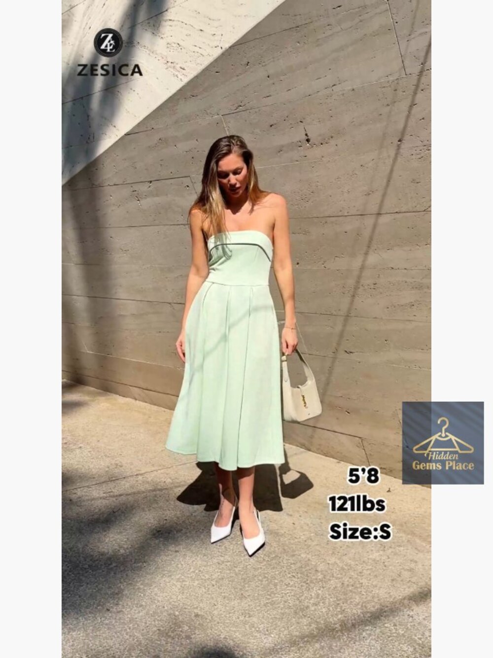 Strapless Cocktail Midi Dress Flowy A-Line Wedding Guest Party Dress - Picture 7 of 7